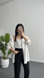 Leoni Oversize Basic Gömlek - Beyaz - Görsel 5