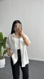 Leoni Oversize Basic Gömlek - Beyaz - Görsel 7