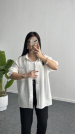Leoni Oversize Basic Gömlek - Beyaz - Görsel 6