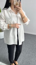 Leoni Oversize Basic Gömlek - Beyaz - Görsel 3