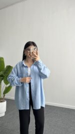 Leoni Oversize Basic Gömlek - Mavi - Görsel 3