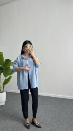 Leoni Oversize Basic Gömlek - Mavi - Görsel 4