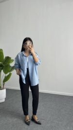 Leoni Oversize Basic Gömlek - Mavi - Görsel 2