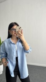 Leoni Oversize Basic Gömlek - Mavi