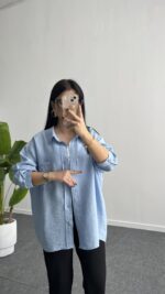 Leoni Oversize Basic Gömlek - Mavi - Görsel 6