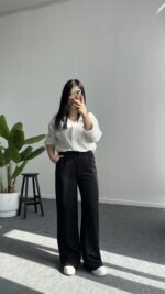 Pina Önü Simli Modal Pantolon - Siyah