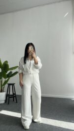 Pina Önü Simli Modal Pantolon - Beyaz