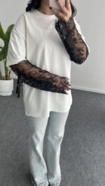 Loi Dantel Detaylı Oversize Tişört - Beyaz - Görsel 2