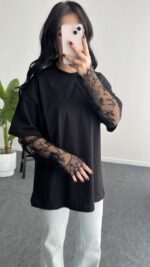 Loi Dantel Detaylı Oversize Tişört - Siyah - Görsel 4