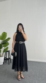 Alya Halter Yaka Kemerli Şifon Elbise - Siyah - Görsel 6