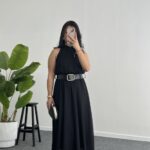 Alya Halter Yaka Kemerli Şifon Elbise - Siyah