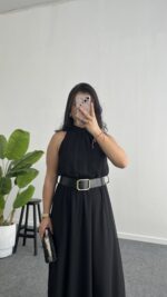 Alya Halter Yaka Kemerli Şifon Elbise - Siyah - Görsel 5