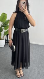 Alya Halter Yaka Kemerli Şifon Elbise - Siyah - Görsel 4