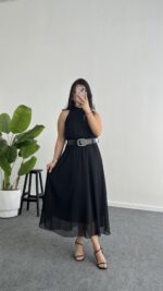 Alya Halter Yaka Kemerli Şifon Elbise - Siyah - Görsel 2