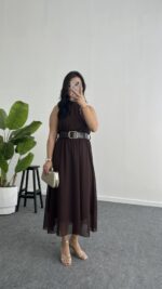 Alya Halter Yaka Kemerli Şifon Elbise - Kahve - Görsel 10