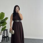 Alya Halter Yaka Kemerli Şifon Elbise - Kahve