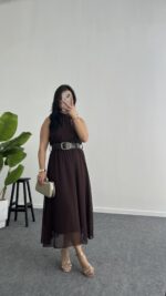 Alya Halter Yaka Kemerli Şifon Elbise - Kahve