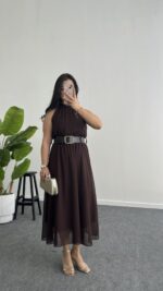 Alya Halter Yaka Kemerli Şifon Elbise - Kahve - Görsel 7