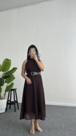 Alya Halter Yaka Kemerli Şifon Elbise - Kahve - Görsel 5