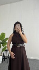 Alya Halter Yaka Kemerli Şifon Elbise - Kahve - Görsel 2
