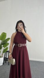 Alya Halter Yaka Kemerli Şifon Elbise - Bordo - Görsel 9