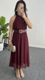 Alya Halter Yaka Kemerli Şifon Elbise - Bordo - Görsel 8