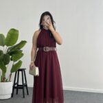 Alya Halter Yaka Kemerli Şifon Elbise - Bordo