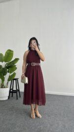Alya Halter Yaka Kemerli Şifon Elbise - Bordo