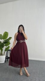 Alya Halter Yaka Kemerli Şifon Elbise - Bordo - Görsel 5
