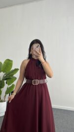 Alya Halter Yaka Kemerli Şifon Elbise - Bordo - Görsel 3