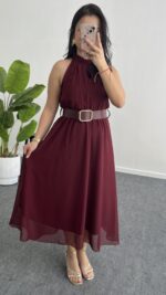 Alya Halter Yaka Kemerli Şifon Elbise - Bordo - Görsel 7