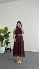 Alya Halter Yaka Kemerli Şifon Elbise - Bordo - Görsel 4