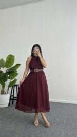 Alya Halter Yaka Kemerli Şifon Elbise - Bordo - Görsel 2