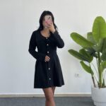 İnci Düğmeli Kapalı Cep Elbise