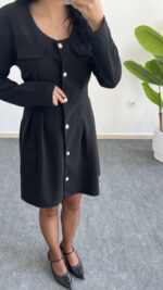 İnci Düğmeli Kapalı Cep Elbise - Görsel 3