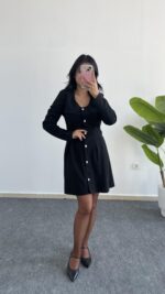 İnci Düğmeli Kapalı Cep Elbise - Görsel 9