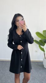 İnci Düğmeli Kapalı Cep Elbise - Görsel 5