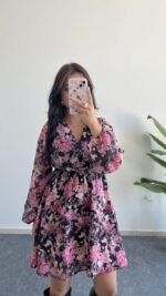 Kemerli Kruvaze Yaka Çiçekli Şifon Elbise - Pembe - Görsel 3