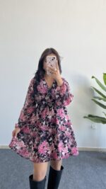 Kemerli Kruvaze Yaka Çiçekli Şifon Elbise - Pembe - Görsel 2