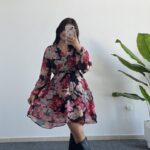 Kemerli Kruvaze Yaka Çiçekli Şifon Elbise - Kırmızı