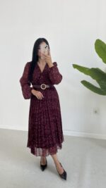 Kruvaze Kemerli Şifon Midi Elbise - Bordo - Görsel 2