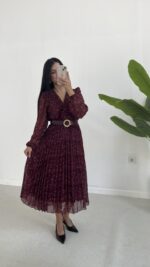 Kruvaze Kemerli Şifon Midi Elbise - Bordo - Görsel 7