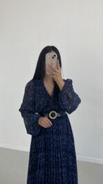 Kruvaze Kemerli Şifon Midi Elbise - Mavi - Görsel 2