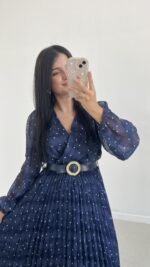 Kruvaze Kemerli Şifon Midi Elbise - Mavi - Görsel 7