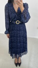 Kruvaze Kemerli Şifon Midi Elbise - Mavi - Görsel 5