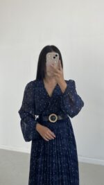 Kruvaze Kemerli Şifon Midi Elbise - Mavi - Görsel 6