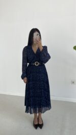 Kruvaze Kemerli Şifon Midi Elbise - Mavi - Görsel 10