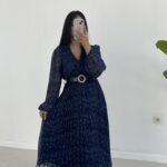 Kruvaze Kemerli Şifon Midi Elbise - Mavi