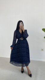 Kruvaze Kemerli Şifon Midi Elbise - Mavi