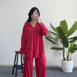 Lenora Gold Düğme Detaylı Pembe Salaş Takım